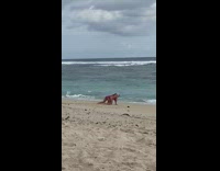 Two women violet bikini crawl toward beach Part 1