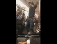 Contortionist twists his arms in a circle, woman on subway watches in disgust