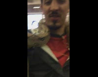 man has lizards and snakes on his shoulders on train
