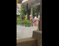 Girl bikini white towel wine bottle rain