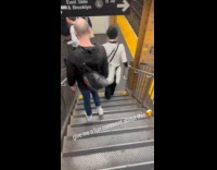 Person with animal tail climb down stairs