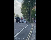 Woman red dress sit over pile trash