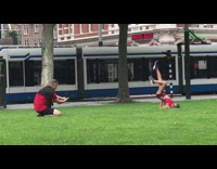 Woman red top balance body pictorial park