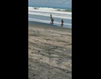 Girl beach shore black dress guy fishes 