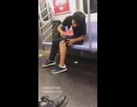 Guy pulls pant sleeve up and shaves leg with razor on subway train pig sticker