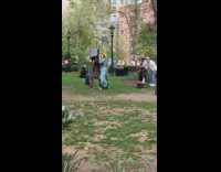 Four people improv with luggage at park 