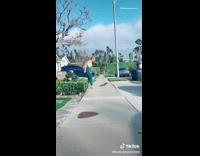 Girls check out hot neighbor return skateboard 