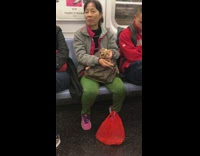 Woman chews on chicken drumstick bone on subway 