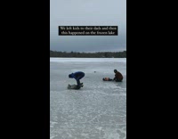 Three dads play with their children on the frozen lake