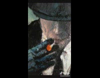 Guy holds up lighter by Thomas Shelby painting 