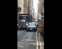 Truck driver walks over car on traffic