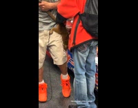 Collab winy - Monkey hang on man's leg inside store