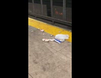 Bag of raw uncooked chicken left on the floor at subway station