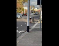 Man on Bicycle with Contraptions Cross Street
