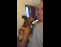 Woman does funny dance with dog