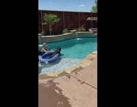 Dog floats on floatie to get ball