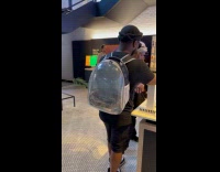 Man has snake on backpack pet carrier