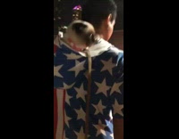 Brown white cat sits  american flag hood 