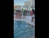 Woman red shirt pool bikini girls dance