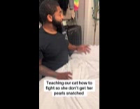 Couple teaching cat how to fight