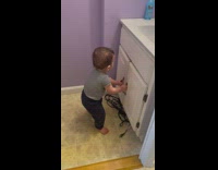 Baby screams trying to open cabinet door 