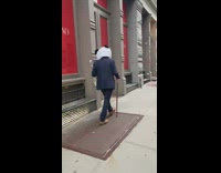 Guy with Panda Head Walks with Stick and Flowers 