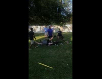 Guy jumps on folding table in backyard breaks it 