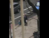 Janitor crosses street spray bottle face mask