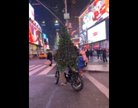 Christmas tree rides bicycle around Times Square
