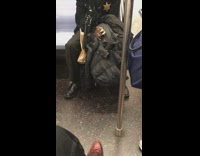 Guy wears a police badge and carries nunchucks on subway train