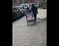 Two parents using trolley as a baby stroller