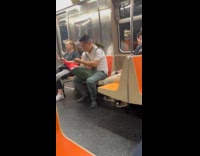 Man ride train green parrot on shoulder