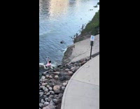 Man on scooter slips into river 