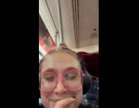 Collab WINY - Woman pink eyeglasses listen to jolly train conductor