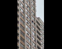 Window cleaner wiping window with no safety gears