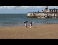 Girl dress color wheel umbrella beach pier