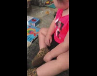 Little girl pink just do it shirt excited about new cat pet