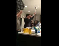NSFW Black Shirt Guy Can't Finish Beer Bong in Kitchen Crowd Dissapointed