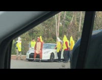 guys in banana and monkey costume car