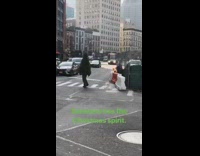 man dressed as christmas tree crossing street