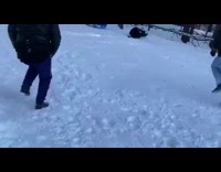 Guy sleds down snow hits tree trunk
