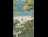 Woman in yellow bikini kneels and fixes her hair