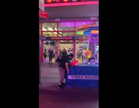 Drunk guys talks at red plastic bag