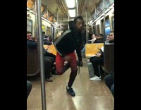 Collab Subway Creatures - Guy with red pants dances with string and shoe on subway train