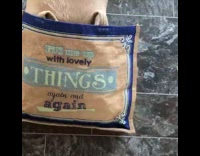 Pug dog looks inside brown blue bag 