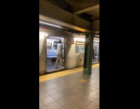 Guy yelling stand and block train doors