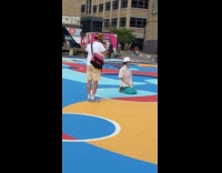 Girl stylish clothes kneel colorful ground bike