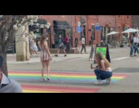 Girl striped dress bend knee rainbow ground