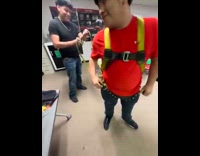 Guy runs with harness falls on floor