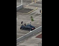 Green dress girl parking lot black car
